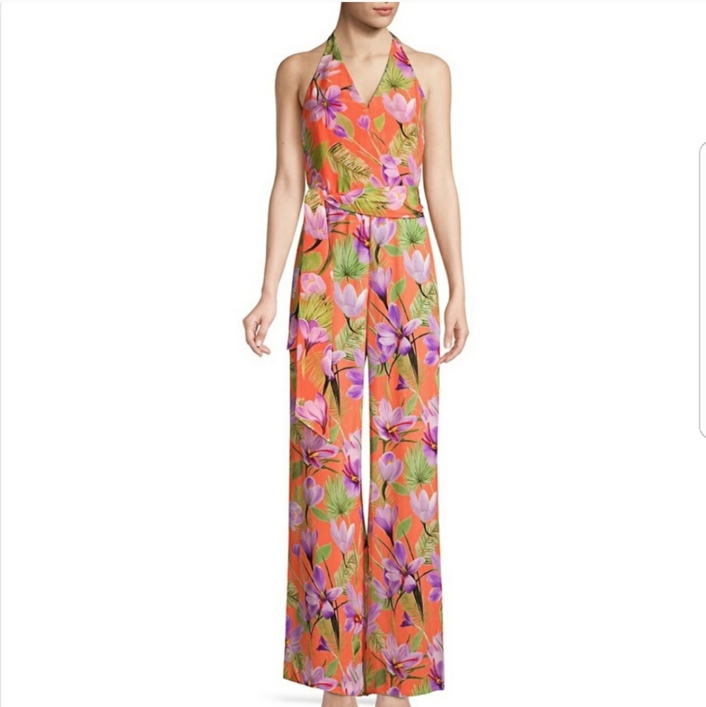 Alice + Olivia Floral Coral Halter Jumpsuit Sz 12